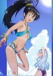  antenna_hair armpits ass bikini black_hair blue_eyes bracelet breasts fang foreshortening ganaha_hibiki halter_top halterneck highres idolmaster idolmaster_(classic) jewelry long_hair medium_breasts multiple_girls murakumo1987 navel o-ring o-ring_top ponytail shijou_takane shiny shiny_skin shirt_tan shorts_tan side-tie_bikini splashing sun swimsuit tan tanline underboob 