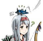  1girl ? boburii bow_(weapon) brown_eyes commentary_request f4u_corsair hairband japanese_clothes kantai_collection landing long_hair shoukaku_(kantai_collection) weapon white_hair you&#039;re_doing_it_wrong 