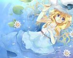  blonde_hair blue_eyes bow bracelet chocho_(homelessfox) dress flower hand_on_own_chest hat jewelry lily_pad long_hair lying on_back original partially_submerged petals ribbon solo sun_hat water 
