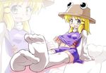  arm_support blonde_hair fang feet foreshortening hat looking_at_viewer midriff moriya_suwako navel no_shoes obyaa open_mouth pov_feet shirt_lift sitting skirt solo thighhighs touhou white_legwear yellow_eyes zettai_ryouiki zoom_layer 