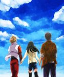  2boys ankh_(ooo) ashi_ura black_hair blonde_hair brown_hair cloud day from_behind hino_eiji holding_hands izumi_hina izumi_shingo kamen_rider kamen_rider_ooo_(series) long_hair multiple_boys short_hair sky 