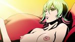  breasts couch green_eyes green_hair highres large_breasts lips multicolored_hair nipples pink_hair redline screencap solo sonoshee_mclaren topless 