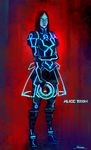  alice:_madness_returns alice_(wonderland) american_mcgee's_alice boots chakram disc_(tron) dress highres kazeco lips long_hair neon_trim omega_symbol parody science_fiction solo tron tron:_legacy weapon 