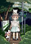  :3 absurdres animal animal_on_head backpack bad_id bad_pixiv_id bag bandaid bell bird blonde_hair blush cat cow cow_bell dress fang fireflies forest grey_eyes hat highres lights long_hair map nature on_head open_mouth original pigeon-toed railroad_tracks sakuraba_hikaru_(loveindog) sign signpost solo standing straw_hat sword traffic_light tree twintails weapon white_dress 