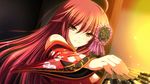  1girl ahoge closed_mouth fan female game_cg hair_ornament huge_ahoge japanese_clothes long_hair looking_at_viewer oda_nobunaga_(sengoku_hime) red_eyes red_hair sengoku_hime sengoku_hime_4 smile solo traditional_clothes 