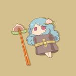  blue_hair blush_stickers chibi chopsticks food food_as_clothes fruit hinanawi_tenshi inishie jitome long_hair looking_at_viewer lying no_hat no_headwear on_back peach red_eyes shadow solo touhou 