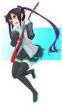  bad_id bad_pixiv_id black_hair brown_eyes cosplay detached_sleeves guitar hatsune_miku hatsune_miku_(cosplay) highres instrument k-on! long_hair masamuuu nakano_azusa plectrum solo thighhighs twintails vocaloid zettai_ryouiki 