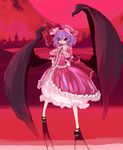  bat_wings blue_hair bow brooch dress jewelry large_bow mary_janes nana-shi_hostler pink_dress red red_eyes remilia_scarlet shadow shoes short_hair solo touhou white_legwear wings wrist_cuffs 