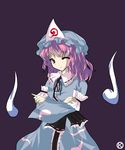  alphes_(style) ghost hat hitodama japanese_clothes kaoru_(gensou_yuugen-an) light_smile one_eye_closed parody pink_eyes pink_hair saigyouji_yuyuko simple_background smile solo style_parody touhou triangular_headpiece 