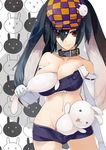  animal_ears bare_shoulders between_breasts black_hair breasts bunny bunny_ears cabbie_hat cleavage collar collarbone elbow_gloves gloves groin hat large_breasts light_smile long_hair looking_at_viewer midriff navel original pulling pupps red_eyes saliva short_shorts shorts smile solo standing twintails 