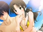  1boy 1girl arm_grab bikini black_hair blush bow breasts brown_eyes brown_hair cleavage cliffs cloud clouds embarrassed game_cg hair_bow hairbow happy koi_to_mizugi_to_taiyo_to large_breasts long_hair outdoors outside short_hair sky smile string_bikini sunlight sunshine swimsuit yellow_bikini 