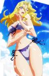  bikini blonde_hair breasts cleavage kujaku_mai long_hair one_eye_closed open_mouth pink_eyes purple_bikini side-tie_bikini sky swimsuit thigh_gap yu-gi-oh! yuu-gi-ou_duel_monsters 