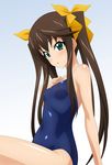  1girl brown_hair competition_school_swimsuit covered_nipples erect_nipples green_eyes highres huang_lingyin infinite_stratos long_hair one-piece_swimsuit school_swimsuit sitting solo sugimura_tomokazu swimsuit thighs twintails wariza 