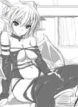  bare_shoulders bat_wings breasts bridal_gauntlets choker cleavage demon_girl demon_tail eyeliner garickson greyscale horns large_breasts makeup monochrome navel original pointy_ears sitting sketch solo spot_color succubus tail thighhighs tsurime wings 