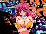  aqua_eyes blush breasts bright_pupils covered_nipples graffiti kimura_takahiro large_breasts long_hair open_mouth pink_hair raika_grace solo sweat unzipped viper viper_f40 wristband zipper 