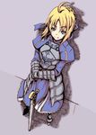  ahoge armor artist_request artoria_pendragon_(all) braid breastplate fate/stay_night fate_(series) foreshortening from_above gauntlets green_eyes hair_bun hair_ribbon looking_up ribbon saber solo sword weapon 