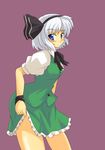  black_hairband blue_eyes blush dress_shirt hairband harukatron konpaku_youmu shirt short_hair silver_hair skirt skirt_lift solo touhou vest 