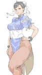  bangs black_hair breasts bun_cover chinese_clothes chun-li earrings hair_bun hand_on_hip hips jewelry kyuraa_(kyura9een) large_breasts lips looking_at_viewer pantyhose pelvic_curtain sash solo street_fighter swept_bangs thighs wide_hips 