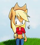  alexthf annoying_watermark anthro anthrofied applejack_(mlp) blonde_hair clothing cowboy_hat female friendship_is_magic green_eyes hair hasbro hat my_little_pony outside solo sonic_style watermark 