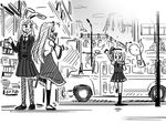  animal_ears bag bunny_ears bus gensoukoumuten ghost greyscale ground_vehicle hair_ribbon kochiya_sanae konpaku_youmu long_hair monochrome motor_vehicle multiple_girls open_mouth reisen_udongein_inaba ribbon shirt shop short_hair skirt stage_connection thighhighs touhou waving 