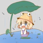  blonde_hair blue_eyes chibi dekasudachin dress hat leaf moriya_suwako musical_note rain solo touhou 