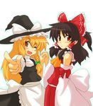  blonde_hair braid brown_hair hair_ribbon hakurei_reimu harukatron hat holding_hands interlocked_fingers kirisame_marisa multiple_girls one_eye_closed red_eyes ribbon side_braid touhou witch_hat yellow_eyes 