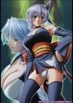  ayane_(doa) bare_shoulders blue_eyes blush breasts choker christie_(doa) cleavage dead_or_alive hairband hand_on_hip highres japanese_clothes large_breasts legs looking_at_viewer multiple_girls panties purple_hair red_eyes short_hair smile thighhighs thighs underwear white_hair white_panties yokota_mamoru 
