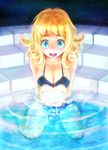  :d bikini blonde_hair blue_eyes breasts cleavage cupping_hands curly_hair eyebrows highres large_breasts long_hair open_mouth original partially_submerged pool sitting ska smile solo swimsuit wariza water 