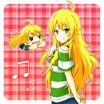  afuu ahoge bad_id bad_pixiv_id blonde_hair chibi dual_persona food green_eyes hoshii_miki idolmaster idolmaster_(classic) kisaragi_ichigo long_hair musical_note onigiri plaid puchimasu! shirt smile striped 