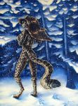  cat feline female forest hair leopard long_hair mammal scenery snow snowing solo spots tail taurin_fox tree wood 