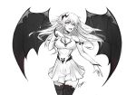  1girl bare_shoulders bat_wings breast_cutout breasts commentary cutout dress english_commentary erospanda eyebrows_visible_through_hair fangs greyscale hair_between_eyes hair_ornament hand_on_own_chest highres large_breasts long_hair long_sleeves messy_hair monochrome open_mouth original pointy_ears shoulder_cutout signature sketch thighhighs torn_clothes vampire white_eyes white_hair wings 