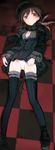  alternate_costume bad_id bad_pixiv_id black_legwear breasts brown_eyes brown_hair checkered checkered_floor cleavage cleavage_cutout cross-laced_footwear gertrud_barkhorn gothic gothic_lolita leg_garter lolita_fashion lying medium_breasts on_back panties shimada_fumikane shoes single_shoe solo strike_witches thighhighs twintails underwear white_panties world_witches_series younger 
