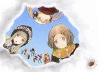  acorn blonde_hair blue_eyes blush brown_eyes brown_hair character_request cloud copyright_request green_hair grey_eyes hair_ornament hairclip hood hoodie long_hair looking_at_viewer looking_down mirror_writing multiple_girls otoufu short_hair sky smile twintails 