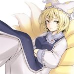  blonde_hair crossed_arms face fox_tail hands_in_opposite_sleeves hat k.y_ko lowres multiple_tails short_hair simple_background smirk solo tail touhou yakumo_ran yellow_eyes 