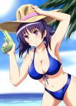  arm_up armpits atsuko bikini blue_bikini blush breasts cleavage collarbone day diesel-turbo front-tie_top hand_on_headwear hat holding large_breasts minami-ke navel ocean purple_eyes purple_hair short_hair sky smile solo straw_hat swimsuit trigger_discipline water water_gun weapon 