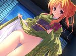  blush bottomless hoshizora_e_kakaru_hashi japanese_clothes kimono orange_eyes orange_hair pussy red_hair toudou_tsumugi tsurusaki_takahiro uncensored yukata 