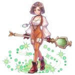  1girl artist_request black_hair bodysuit boots breasts brown_choker brown_eyes brown_footwear brown_gloves brown_hair choker final_fantasy final_fantasy_ix garnet_til_alexandros_xvii gloves groin high_heel_boots high_heels holding holding_staff jewelry long_sleeves looking_at_viewer medium_hair necklace official_art orange_bodysuit puffy_long_sleeves puffy_sleeves short_hair simple_background small_breasts smile solo staff weapon white_background 