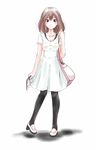  bad_id bad_pixiv_id bag black_legwear blush brown_eyes brown_hair collarbone dress highres krrskie leggings original simple_background smile solo toeless_legwear trencker white_dress 