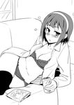  blush breasts can cleavage drunk greyscale hairband idolmaster idolmaster_(classic) inue_shinsuke lying medium_breasts mole mole_under_mouth monochrome no_pants on_side open_clothes open_mouth open_shirt otonashi_kotori shirt short_hair solo thighhighs unbuttoned 