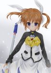  brown_hair fingerless_gloves gloves hair_ornament hair_ribbon highres lyrical_nanoha mahou_shoujo_lyrical_nanoha mahou_shoujo_lyrical_nanoha_the_movie_1st purple_eyes raising_heart ribbon shinozuki_takumi short_twintails solo staff takamachi_nanoha twintails 