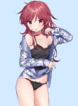 1girl bangs bare_shoulders black_panties black_shirt blue_background blue_shirt blush camisole chigusa_asuha collarbone cowboy_shot floral_print long_hair long_sleeves looking_at_viewer messy_hair no_pants off_shoulder open_clothes open_shirt panties parted_lips qualidea_code red_eyes red_hair sekiya_asami shirt sidelocks simple_background sleeves_past_wrists solo standing stomach thighs underwear v-shaped_eyebrows 