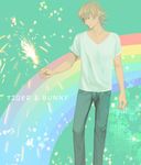  barnaby_brooks_jr blonde_hair denim fireworks green_eyes highres jeans male_focus no_eyewear pants rainbow shirt solo sparkler t-shirt tiger_&amp;_bunny v-neck wooga 