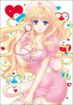  blonde_hair blue_eyes bra breasts garter_straps hat heart lingerie long_hair macross macross_frontier macross_frontier:_sayonara_no_tsubasa medium_breasts nurse nurse_cap pink_bra pink_legwear satou_(satottoro) sheryl_nome smile solo stethoscope thighhighs unbuttoned underwear 