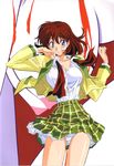  blazer blood blue_eyes breasts jacket kimura_takahiro long_sleeves medium_breasts nipples original panties plaid plaid_skirt red_hair skirt solo underwear white_panties 