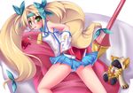  arc_system_works ass bell blazblue blazblue:_continuum_shift blonde_hair blush cow_bell cowbell gloves green_hair panties pantyshot platinum_the_trinity pocky striped striped_panties taokaka toy underwear 