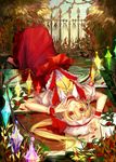  adapted_costume ascot blonde_hair checkered checkered_floor flandre_scarlet flower hat lying no_shoes on_back on_floor red_eyes rose short_hair side_ponytail skirt solo thorns touhou wings wrist_cuffs xiezhua_(amyoy) 