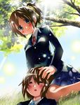  akira_(umihan) blazer blush brown_hair closed_eyes dappled_sunlight hair_ornament hairclip highres hirasawa_ui hirasawa_yui jacket k-on! lap_pillow multiple_girls ponytail ribbon school_uniform short_hair siblings sisters skirt sleeping sunlight tree 