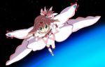  :o a1 bow brown_hair flying hair_bow heart highres jewelpet_(series) jewelpet_twinkle labra_(jewelpet) pink_bow red_eyes ruby_(jewelpet) sakura_akari side_ponytail space star 