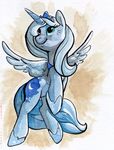  alicorn cutie_mark equine female feral floating flying friendship_is_magic full-length_portrait hair happy hasbro horn horse mammal mixed_media my_little_pony pegacorn pen_(art) plain_background pony princess_luna_(mlp) quadruped side_view solo traditional_media watercolor_(art) watercolour winged_unicorn wings 