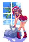  blue_eyes boots boyaking brown_hair cloud day hat leaning_forward long_hair neon_genesis_evangelion palm_tree pigeon-toed sack santa_costume santa_hat shadow sky smile solo souryuu_asuka_langley tree window 